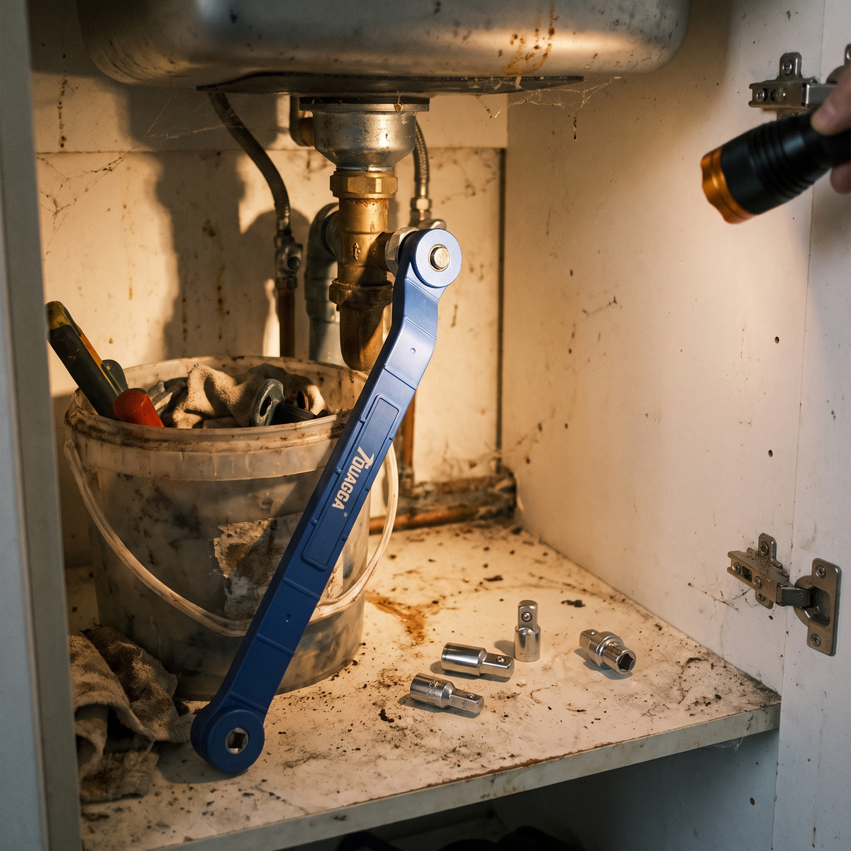Flexible wrench bent around a pipe fitting under a kitchen sink