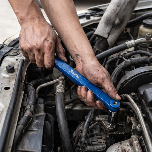 Mechanic using the flexible extension wrench deep in a car engine bay