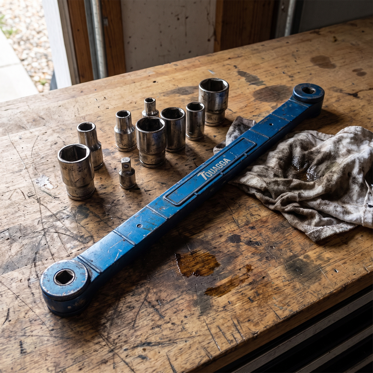 Flexible extension wrench on a workbench beside sockets and a rag