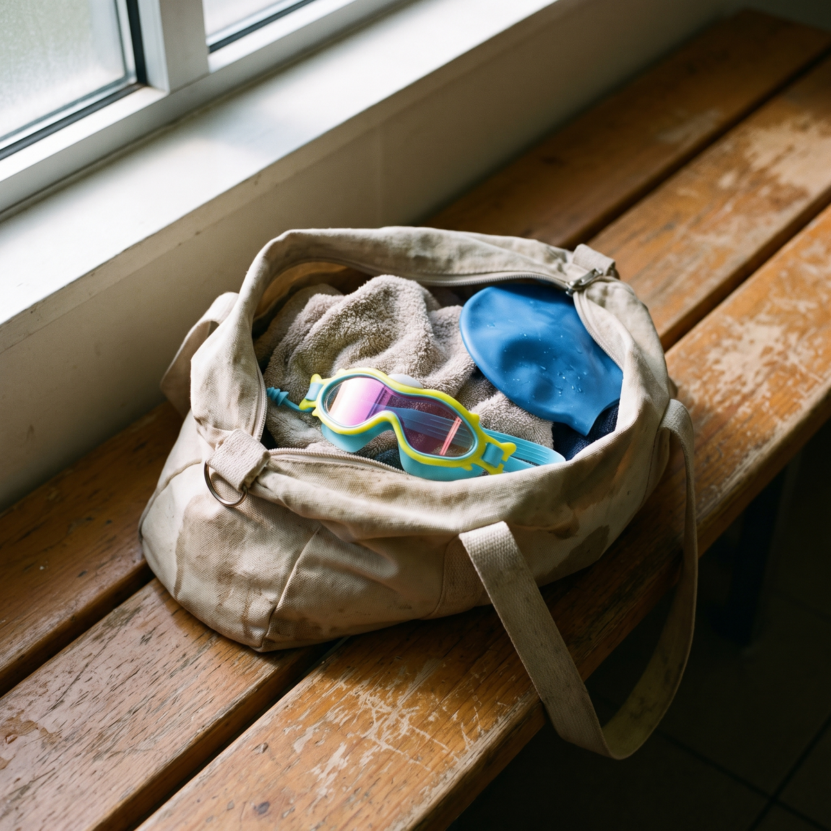 Kids swim goggles tucked into an open swim bag with a towel and cap