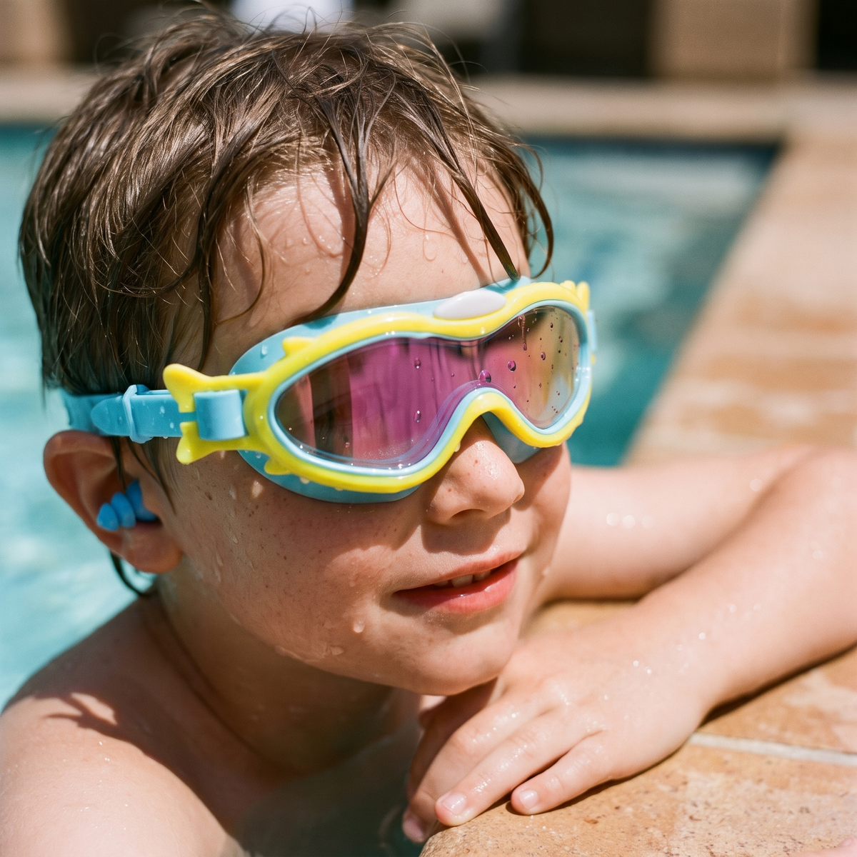 Child at the edge of a pool wearing the kids anti-fog swim goggles