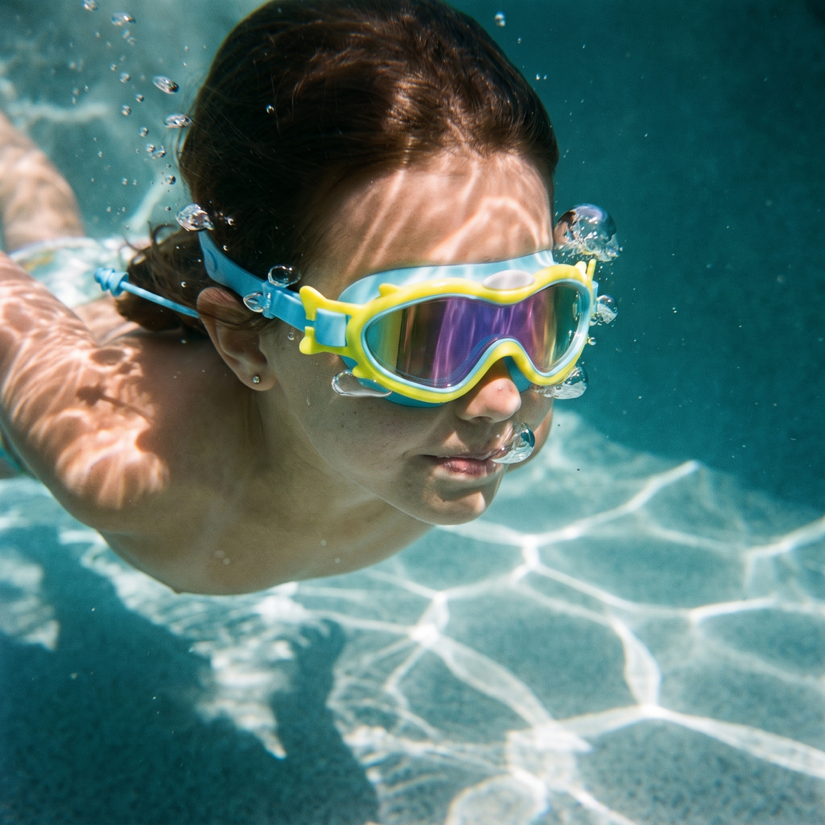 Girl swimming underwater wearing the anti-fog goggles