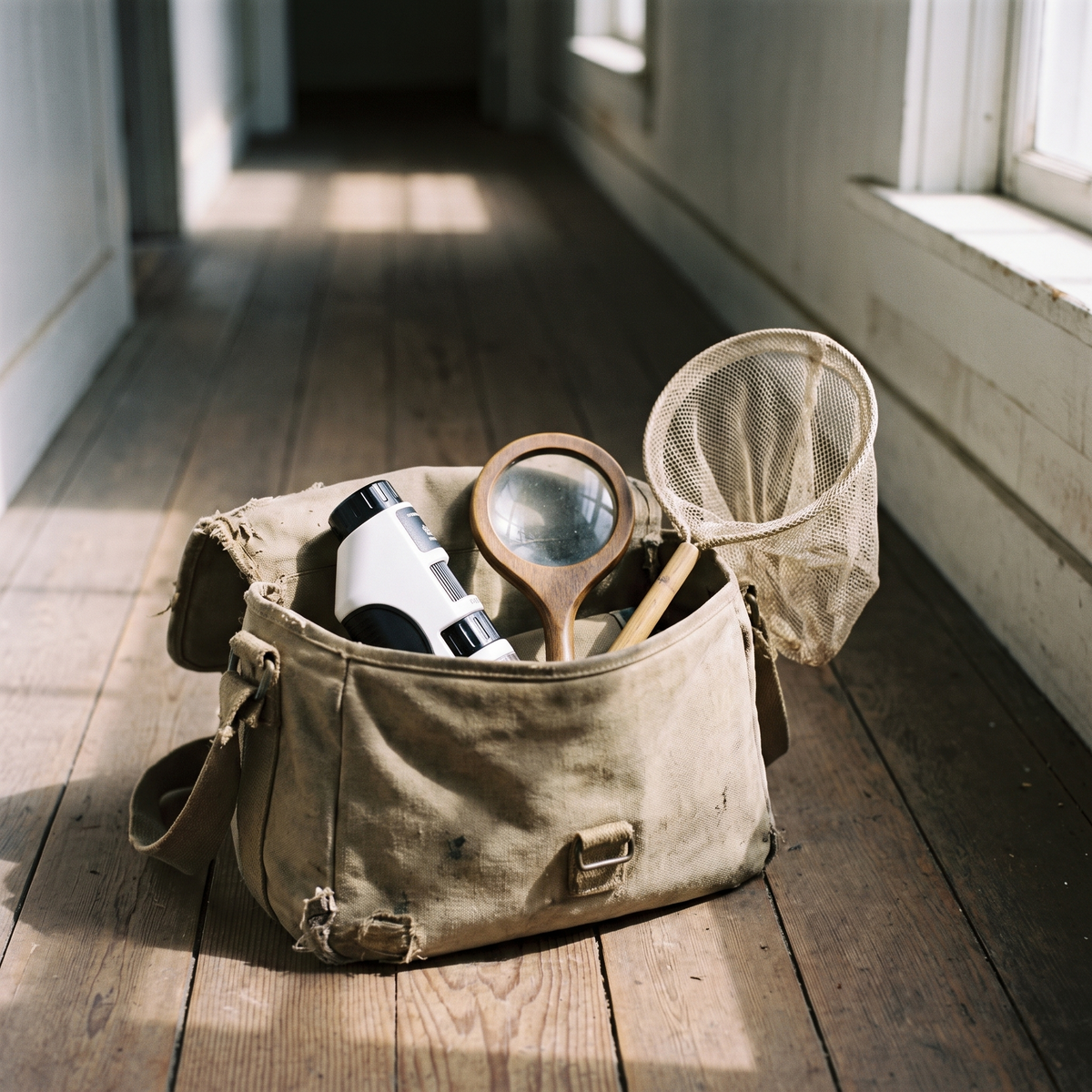 Handheld microscope packed in a child's explorer bag with a magnifier