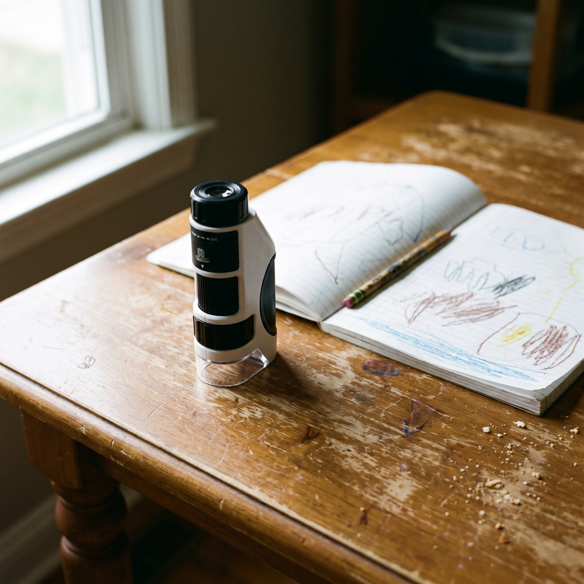 Kids handheld microscope on a kitchen table beside a notebook