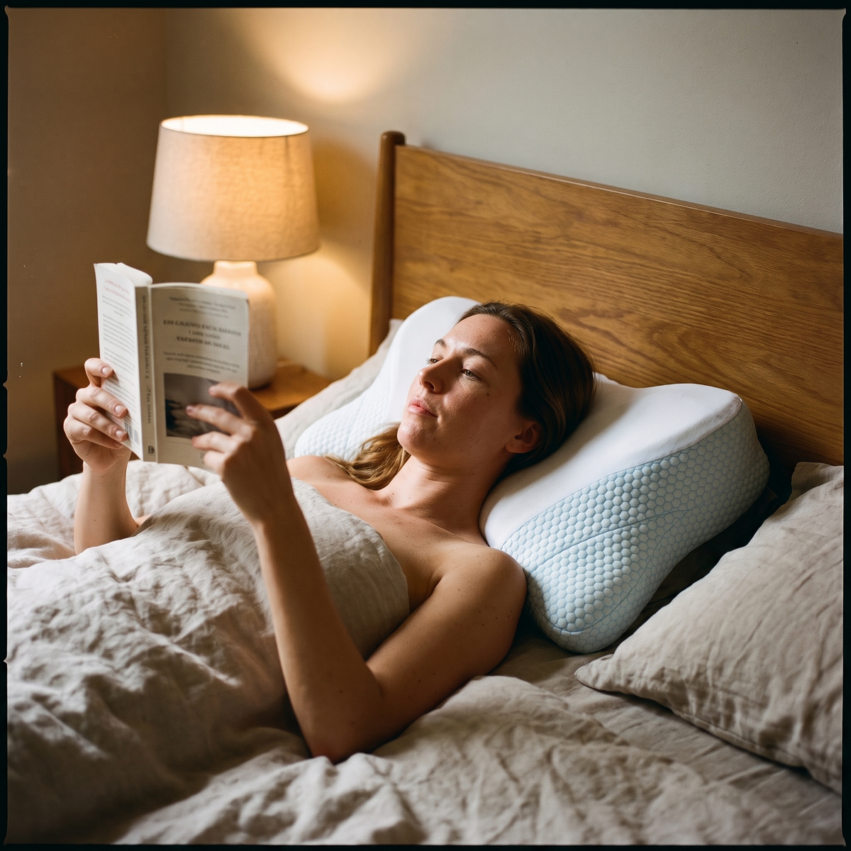 Woman reading in bed with her neck supported by the blue and white ergonomic foam pillow