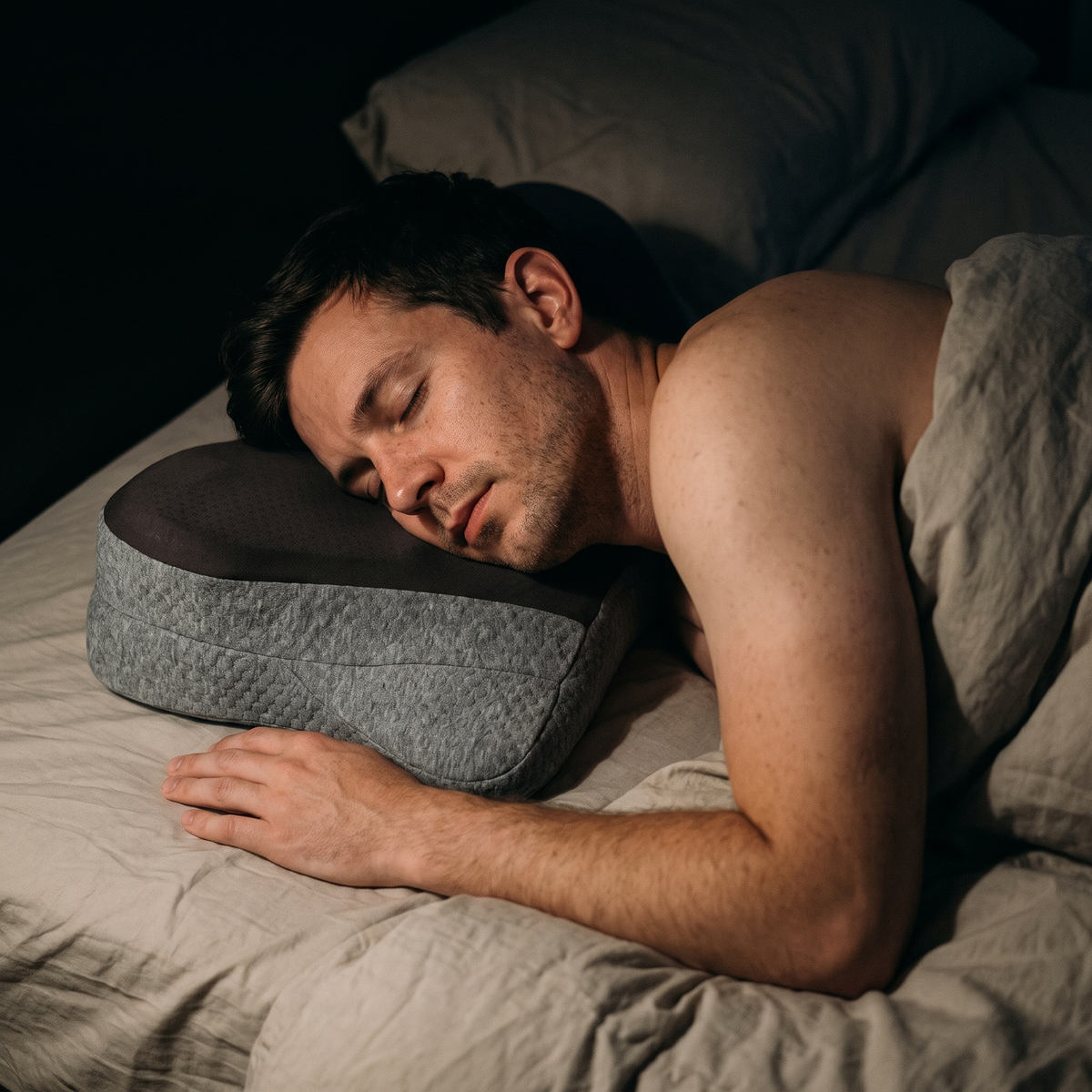 Man side-sleeping with his head on the two-tone grey ergonomic foam pillow