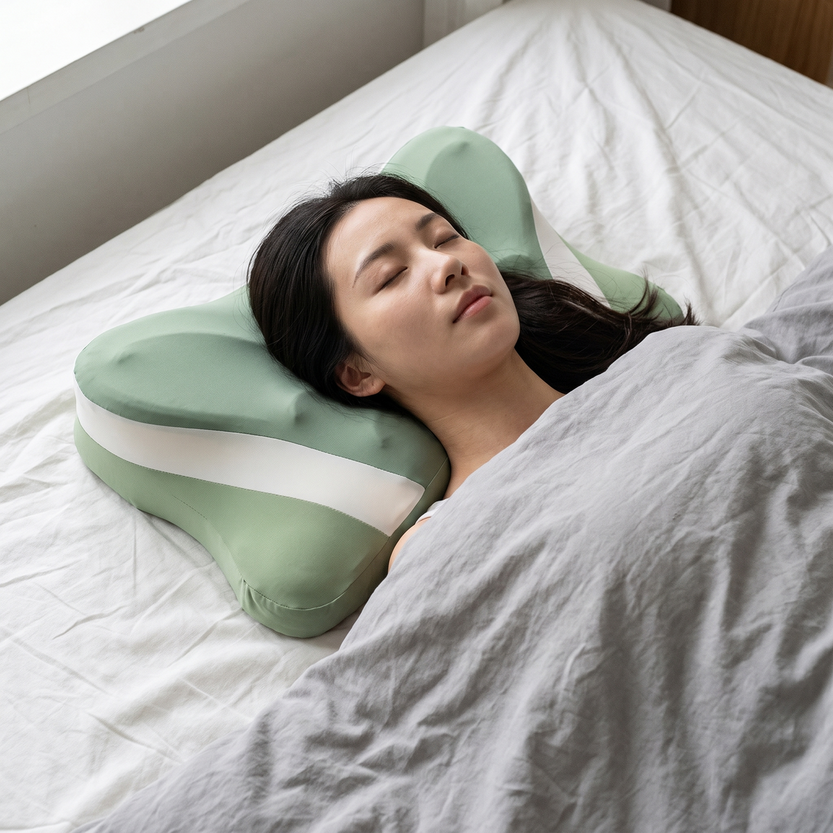 Overhead view of a woman asleep with her head settled into the green ergonomic foam pillow