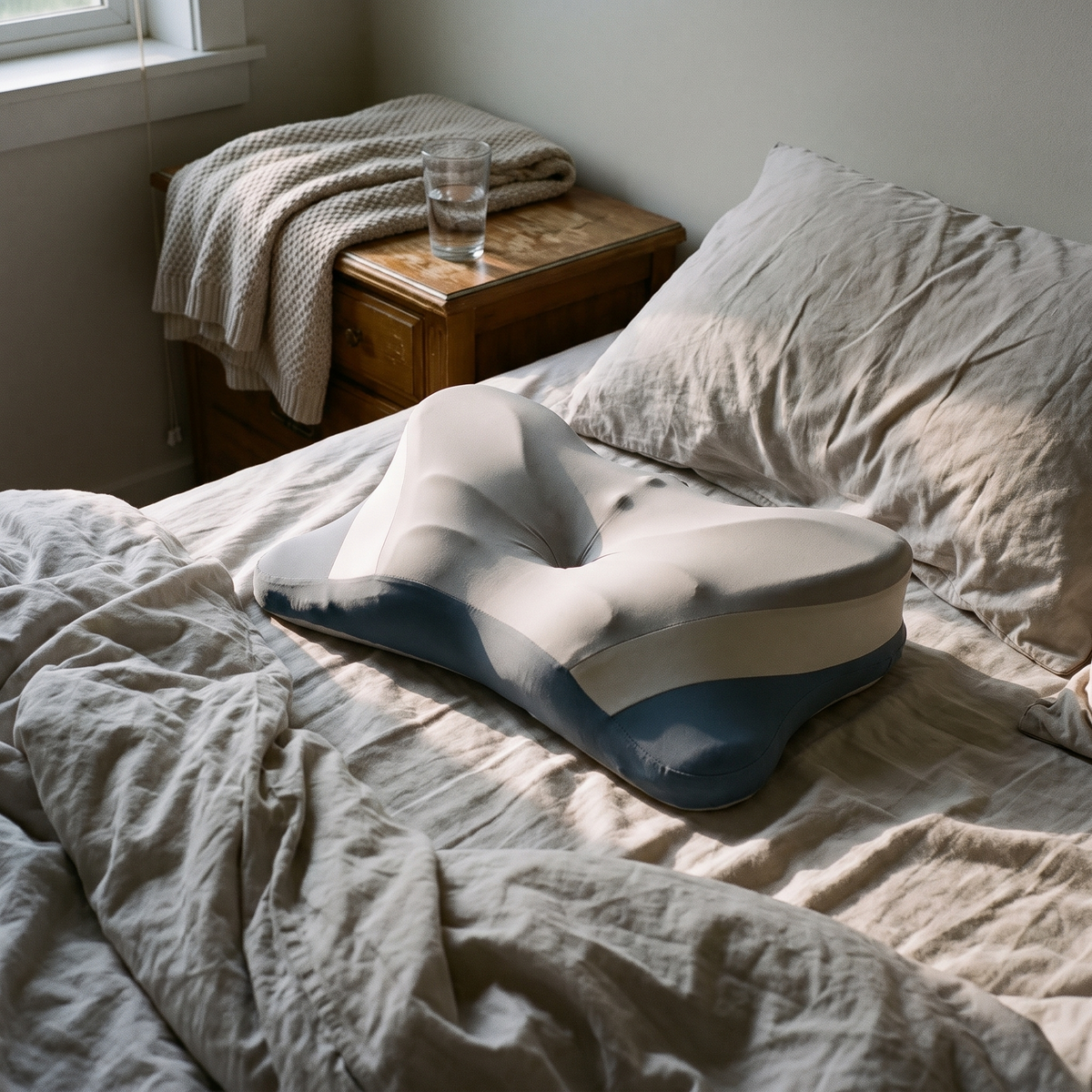 Grey blue ergonomic foam neck pillow on a rumpled bed beside a folded blanket