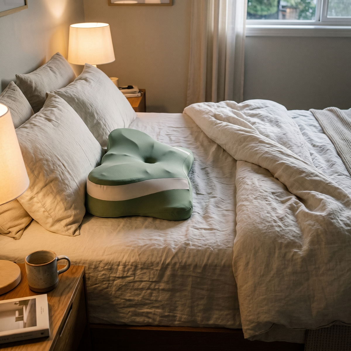 Green contoured foam pillow on a freshly made bed with the duvet turned back