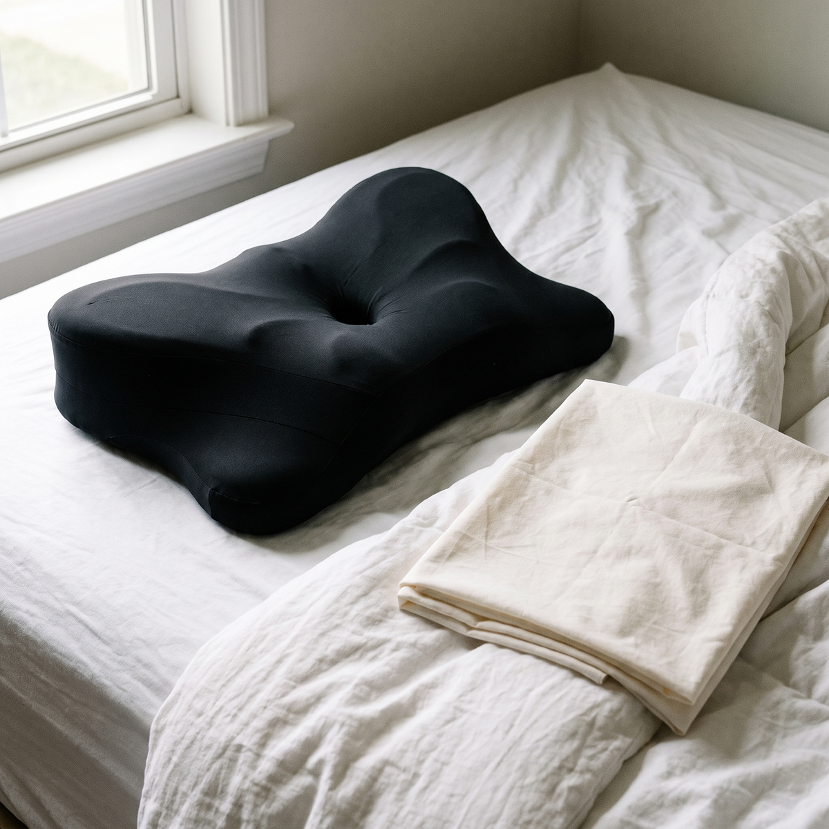 Black contoured foam pillow freshly unpacked on a neatly made bed