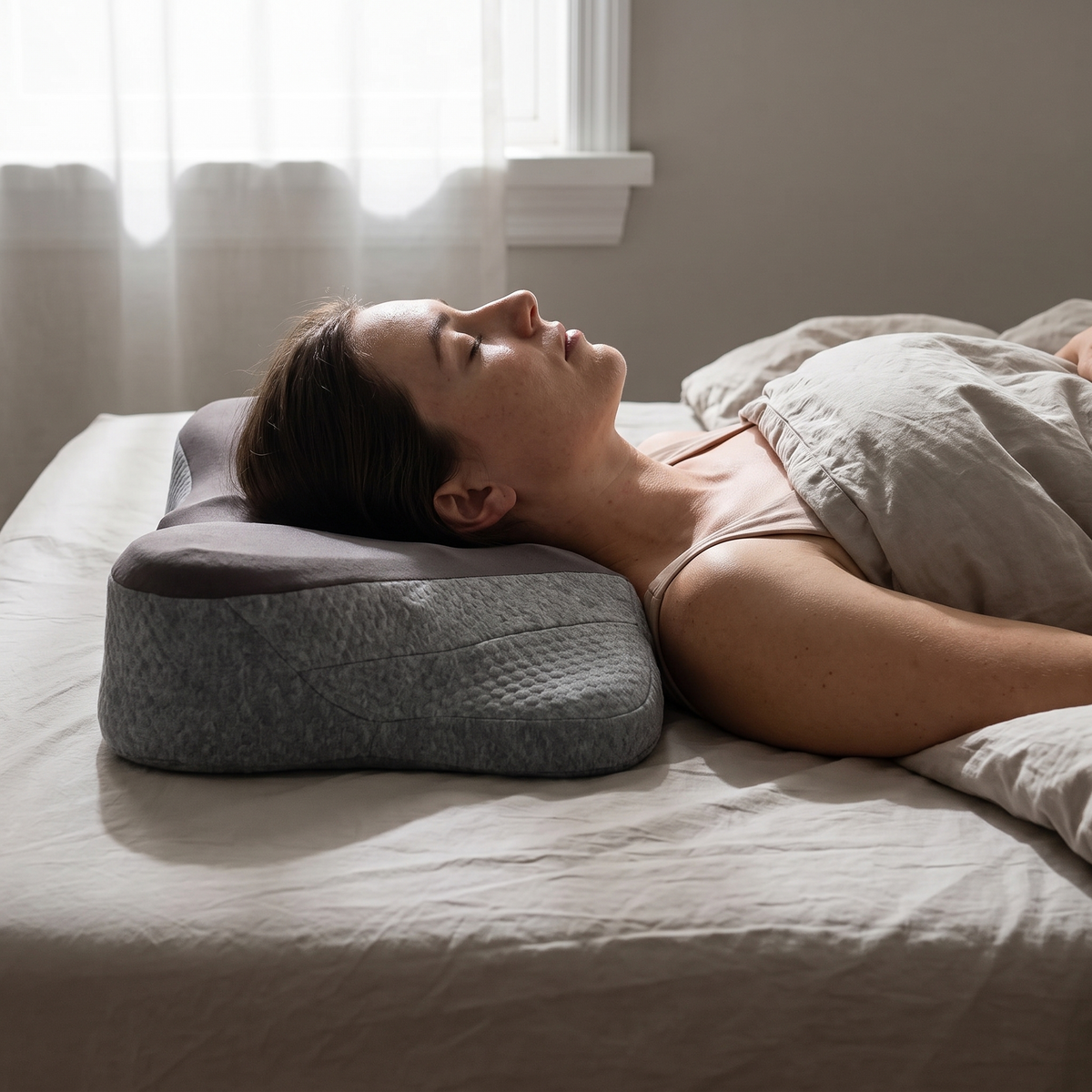 Woman asleep on her back with the contoured foam pillow filling the gap under her neck
