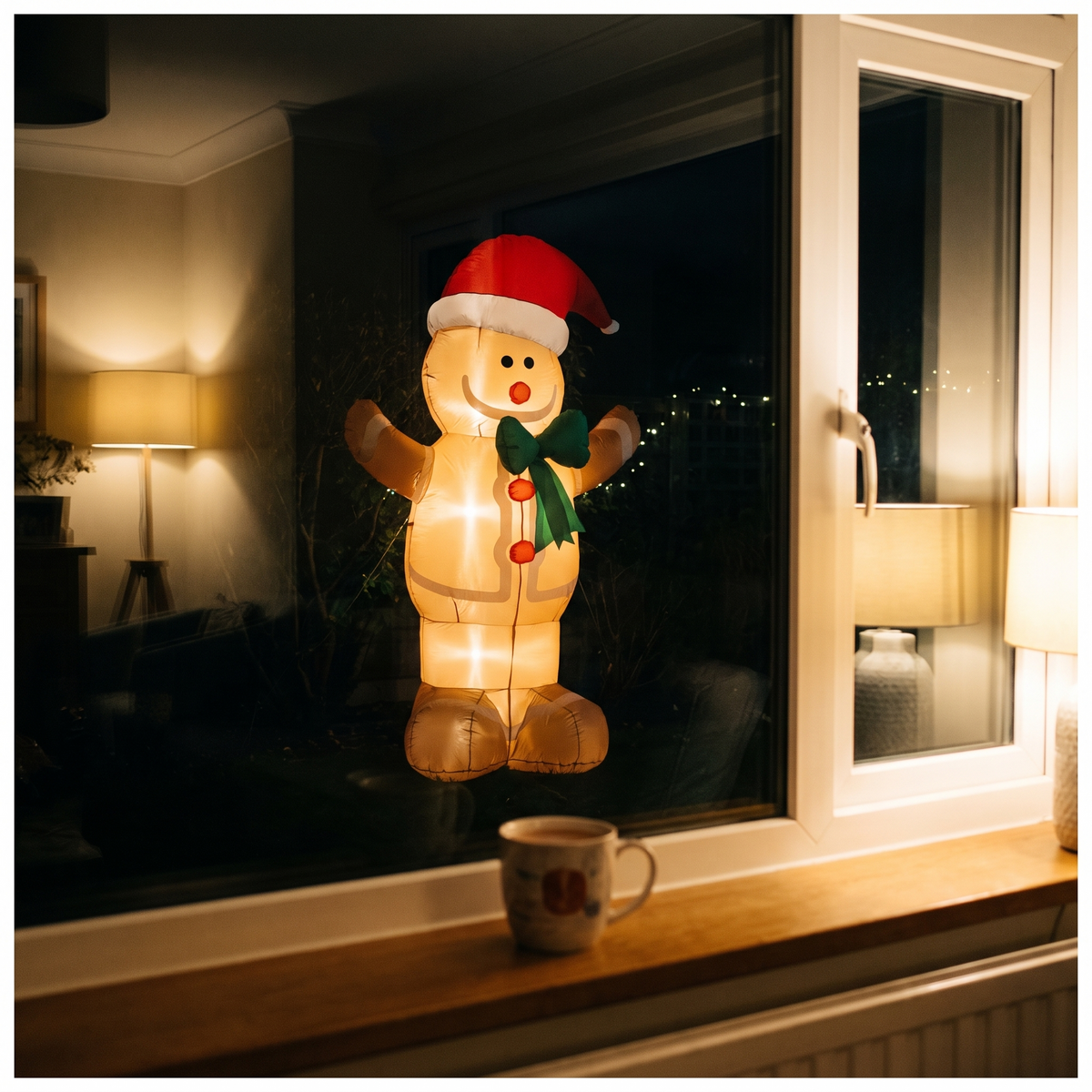 View from a warm living room window of the inflatable gingerbread man glowing in the garden