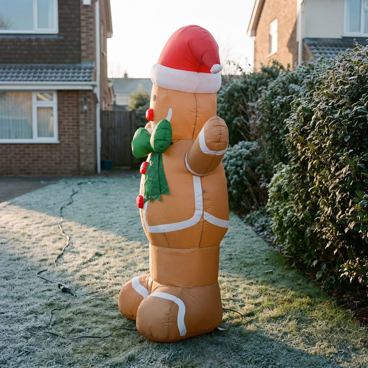 Side view of the inflatable gingerbread man on a frosty lawn in morning light