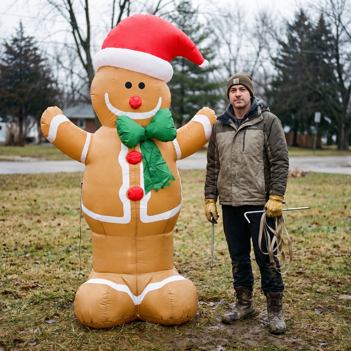 Man standing beside the six foot inflatable gingerbread man holding a ground stake and tether