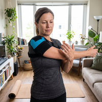Woman stretching at home in activewear wearing the blue shoulder brace