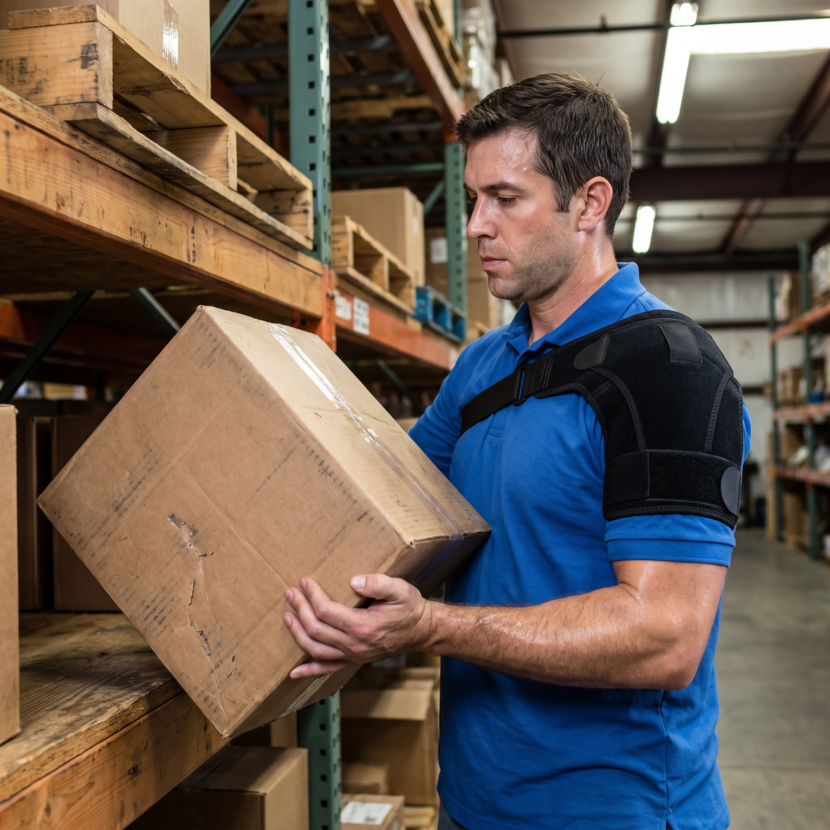Warehouse worker lifting a box while wearing the black shoulder brace