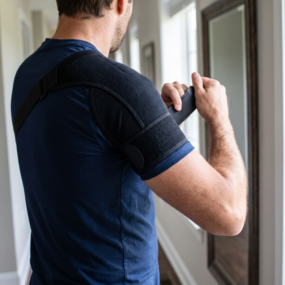 Hands tightening the adjustment strap of the black shoulder brace