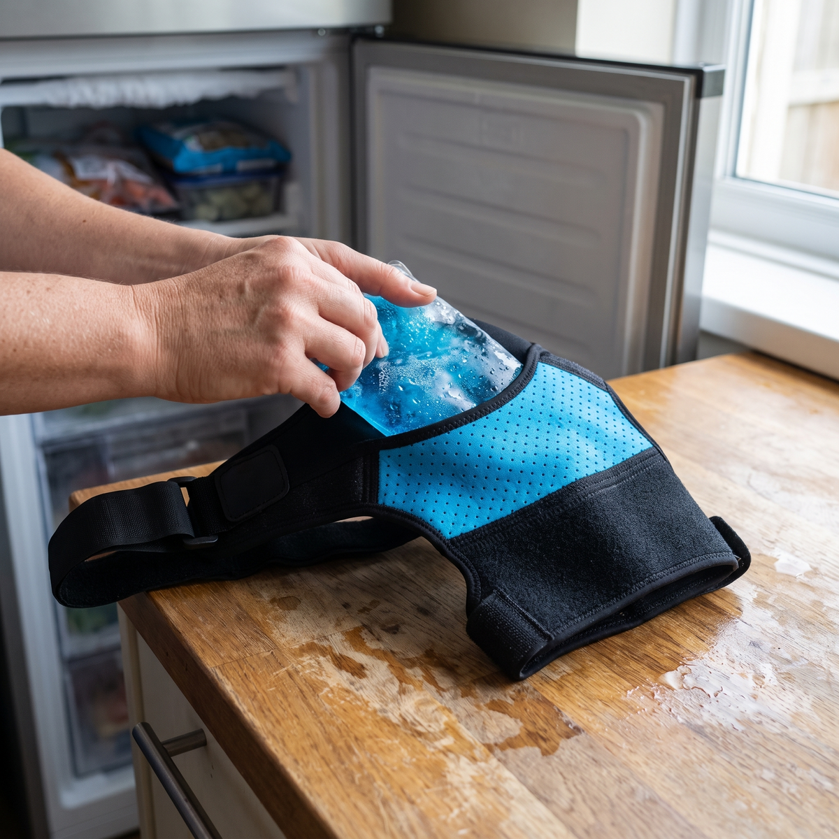 Hands sliding a gel ice pack into the pocket of the blue shoulder brace