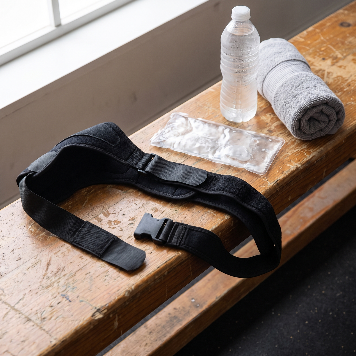 Black shoulder brace and gel ice pack laid out on a gym bench