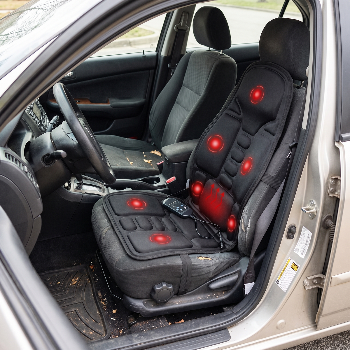 Massage cushion strapped to a car driver's seat seen through the open door