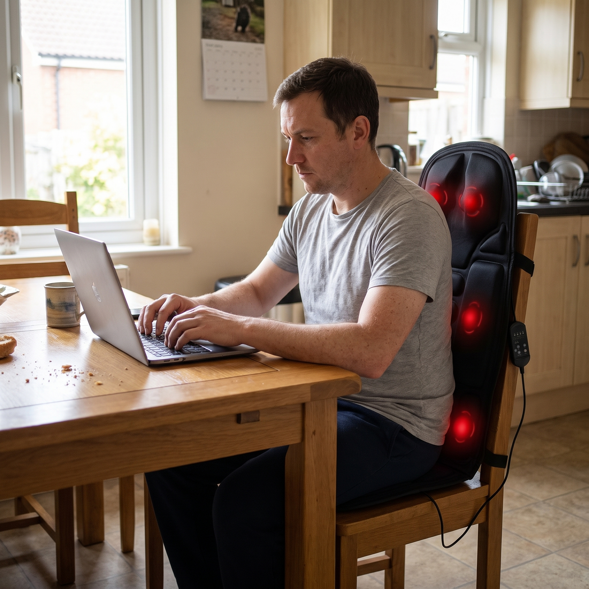 Man working on a laptop at a kitchen table with the massage cushion on his chair