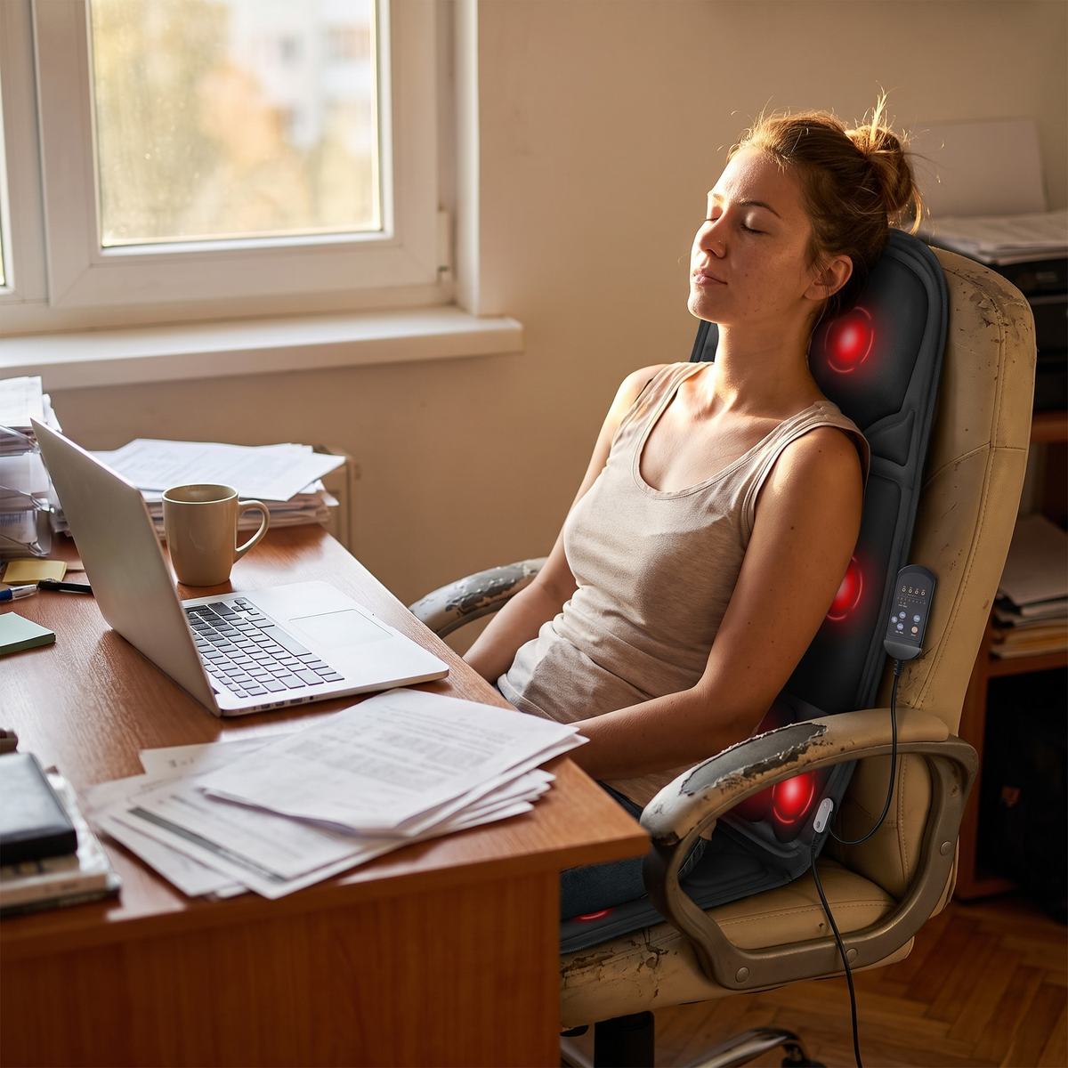 Woman leaning back relaxed in an office chair with the massage cushion behind her