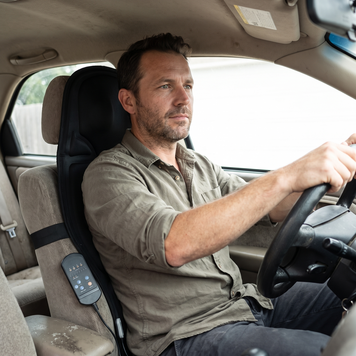 Driver seated against the heated massage seat cushion fitted to the car seat