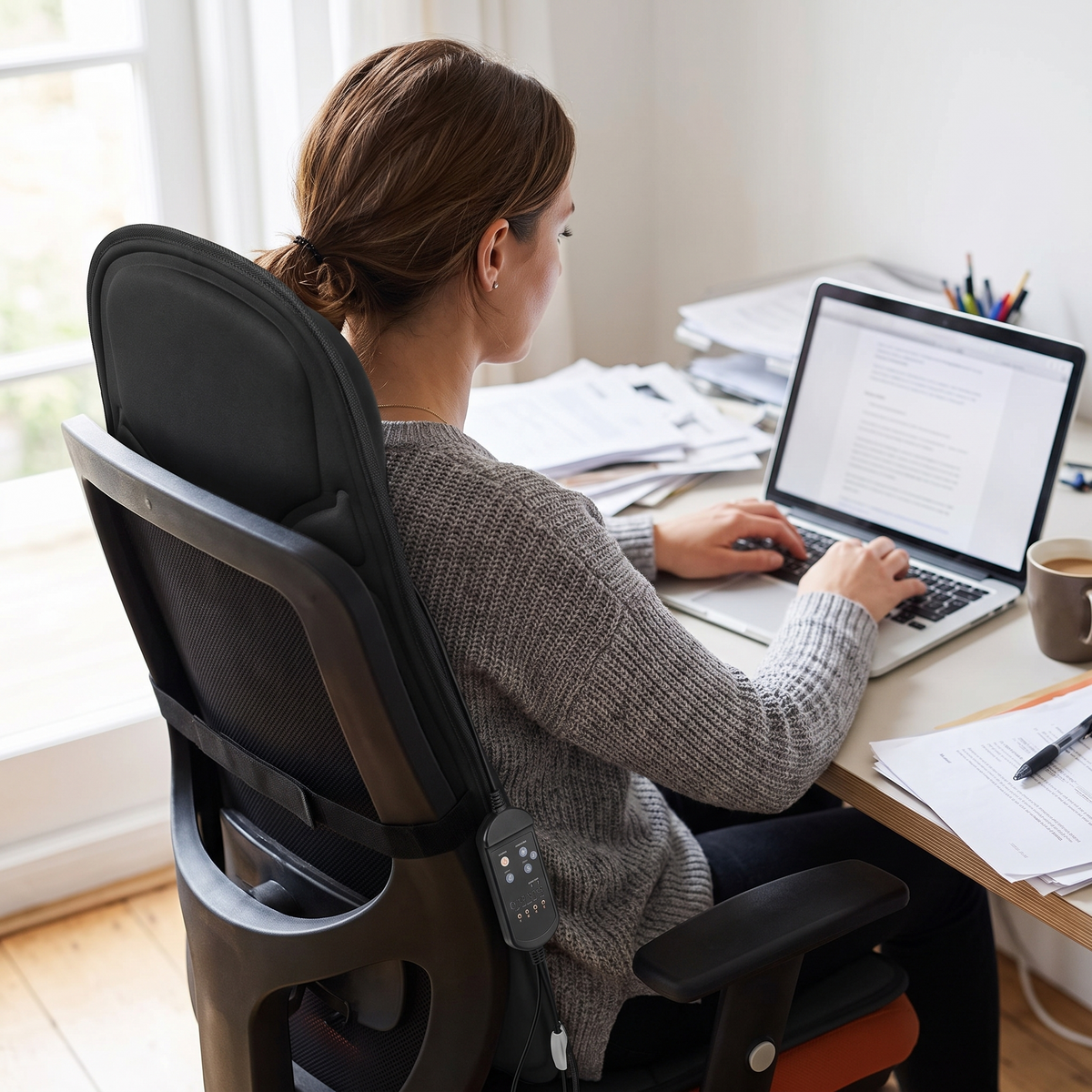 Woman working at a home office desk leaning back against the heated massage seat cushion on her chair