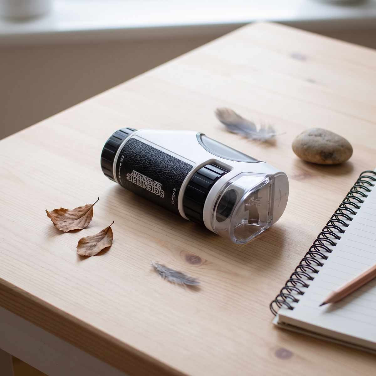 Pocket handheld microscope on a table beside collected leaves and a feather