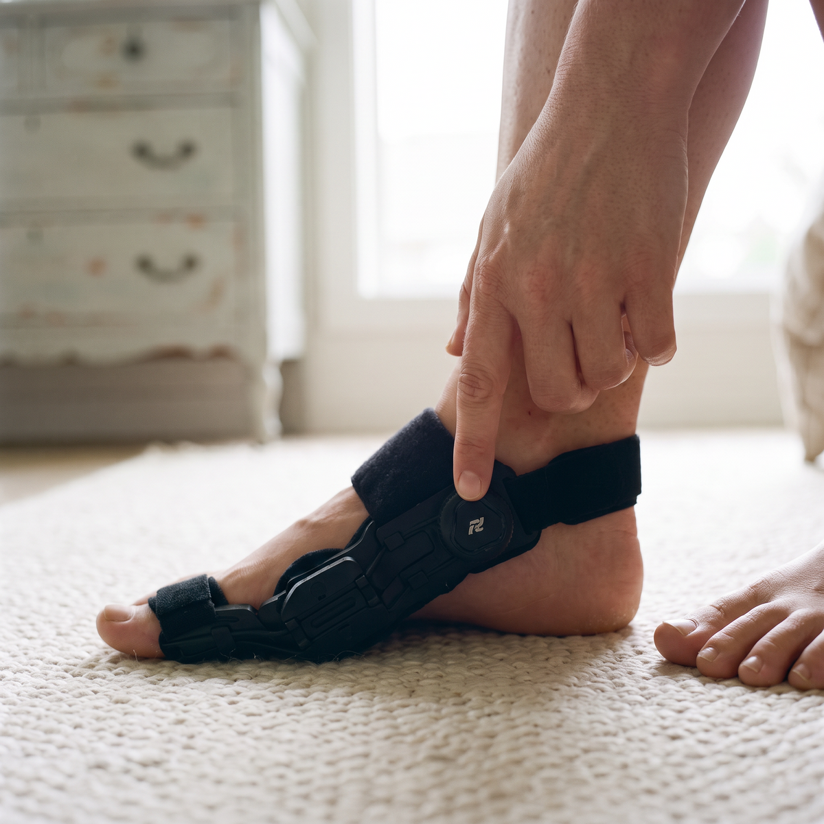 A fingertip on the dial of the bunion corrector brace