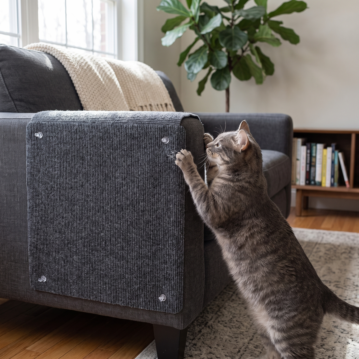 Cat scratching the grey carpet couch protector on a sofa arm