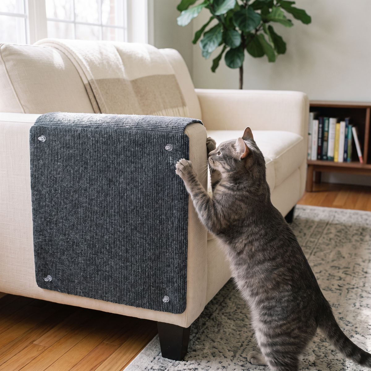 Cat scratching the grey sisal mat on a cream sofa arm